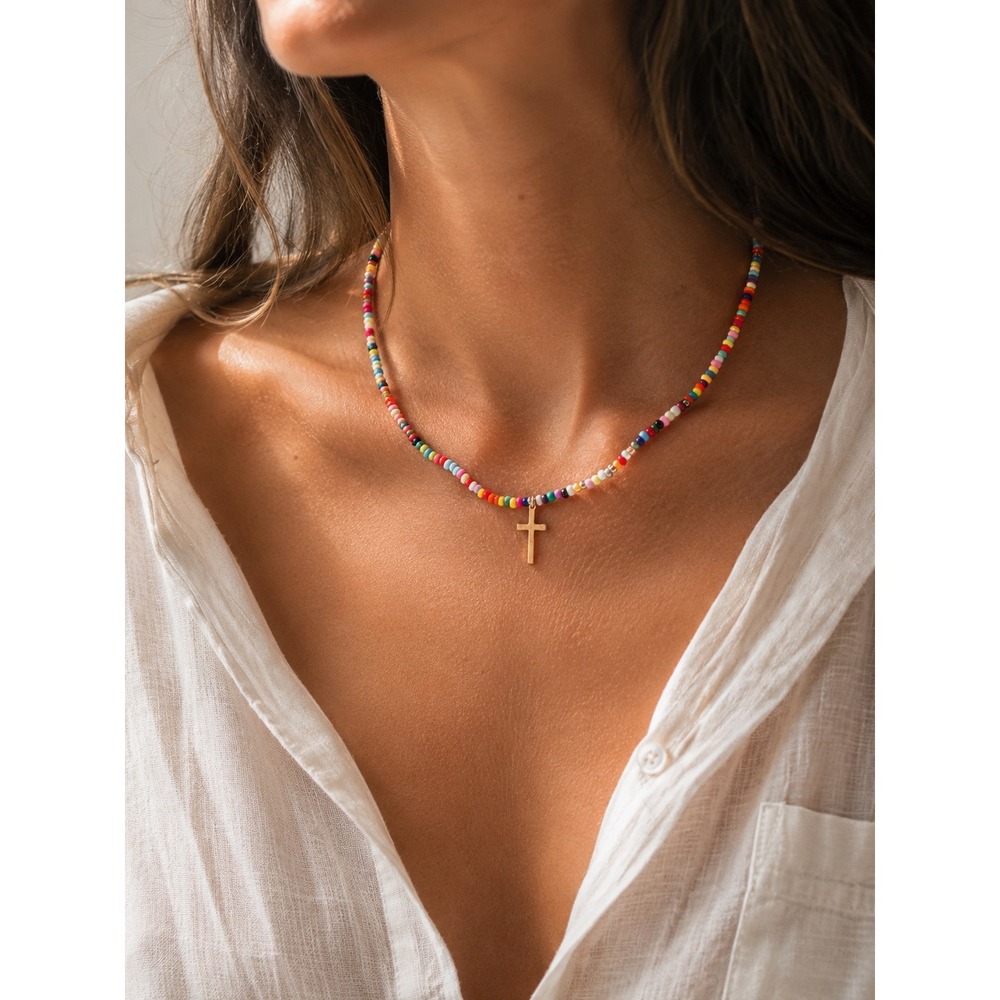 Multicolor Seed Bead Cross Choker Necklace Gold Tone Religious Boho 17 Inch